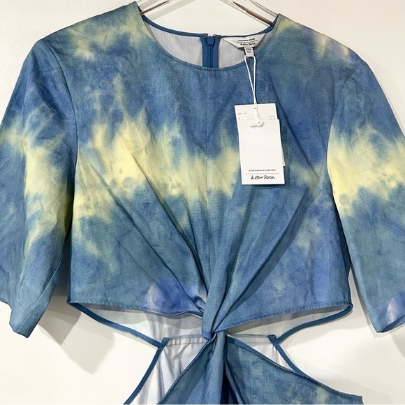& Other Stories Cut-Out Waist Cotton Mini Dress Blue‎ Tie-Dye 10 - Picture 2 of 8